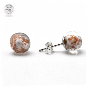 Boucles d'oreilles clou blanc et aventurine en veritable verre de murano de venise