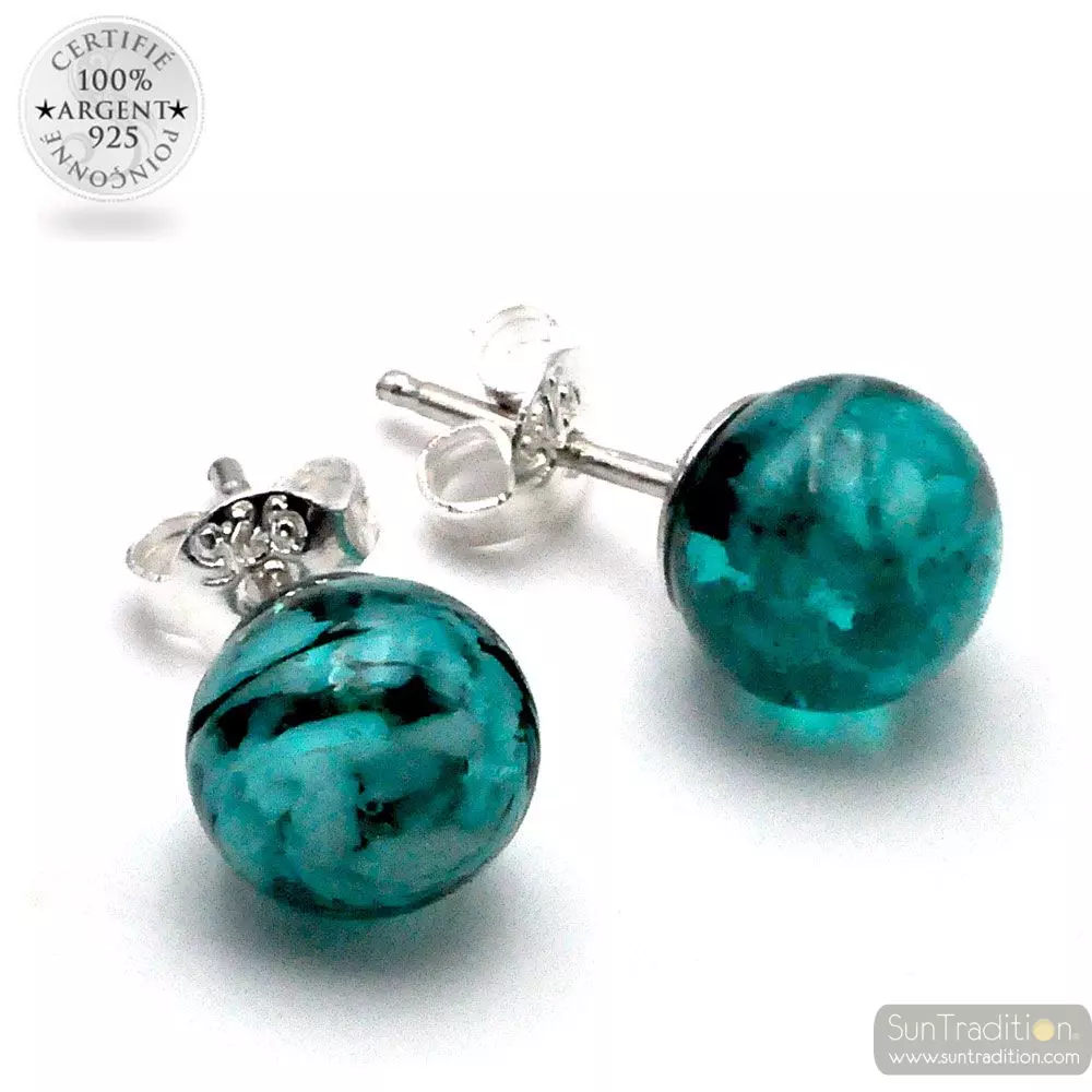 Pendientes de perno verde esmeralda y negro genuino cristal de murano de venecia