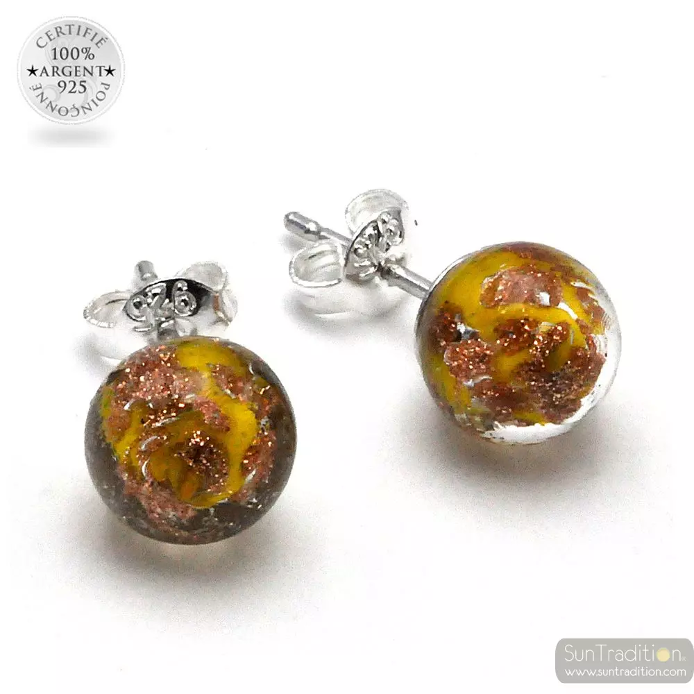 Pendientes de perno amarillo y aventurina en auténtico cristal de murano de venecia