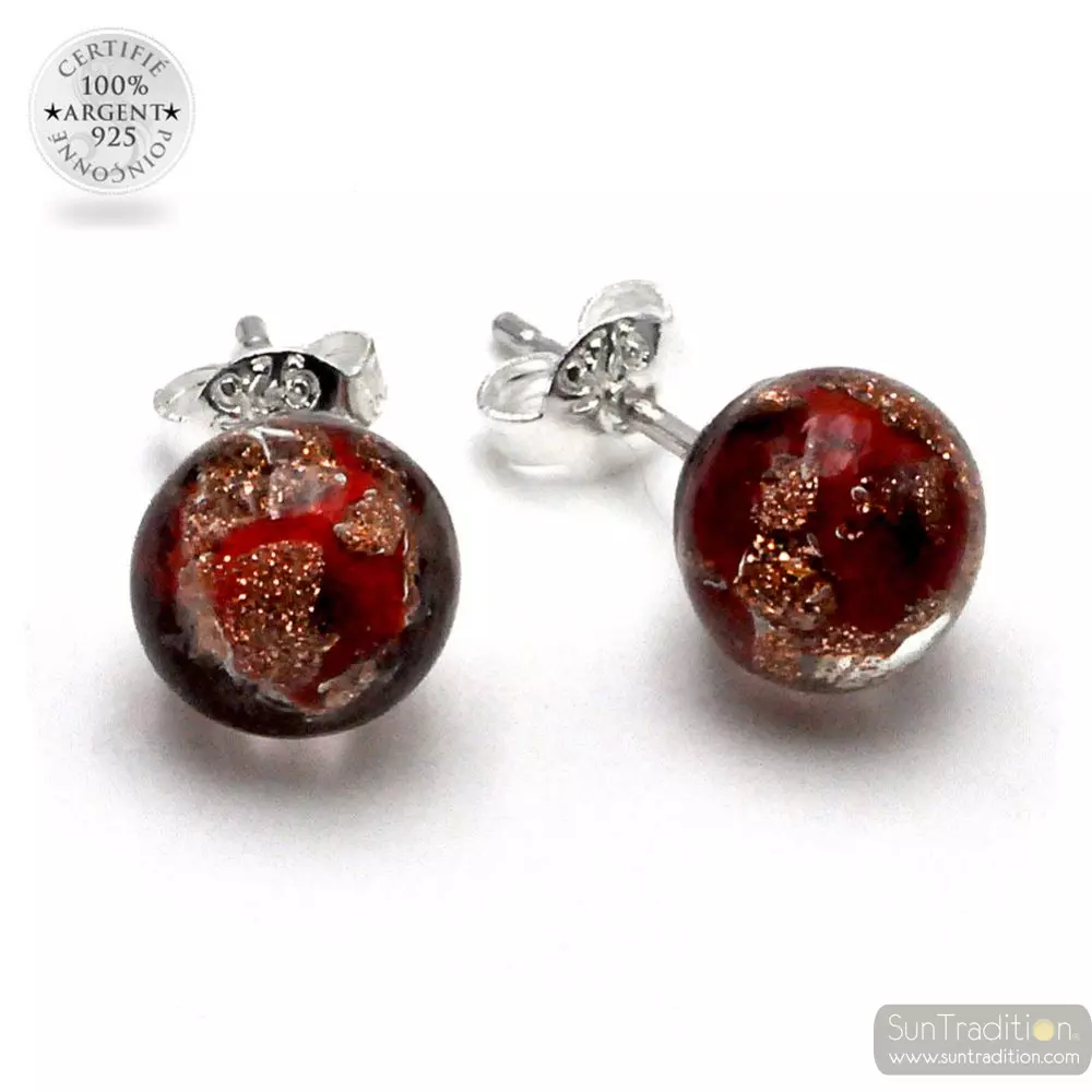 Pendientes de perno rojo y aventurina en auténtico cristal de murano de venecia