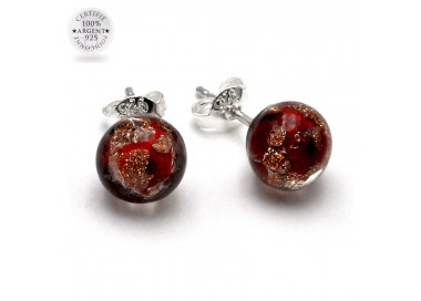 Boucles d'oreilles clou rouge et aventurine en veritable verre de murano de venise