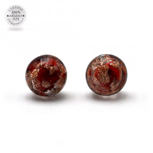 Boucles d'oreilles clou rouge et aventurine en veritable verre de murano de venise