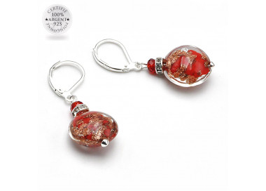 Boucles d'oreilles dormeuses aventurine rouge en veritable verre de murano de venise