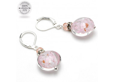 Boucles d'oreilles dormeuses aventurine rose en veritable verre de murano de venise 