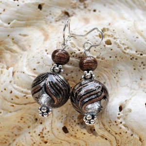 Boucles d'oreilles verre murano argent marron