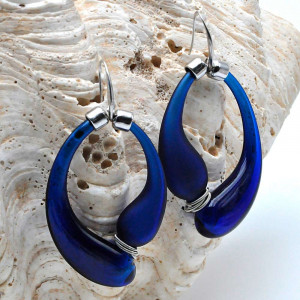 Black and blue satin creoles genuine murano blown glass earrings