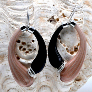 Black and brown creoles aventurine  blown murano glass earrings