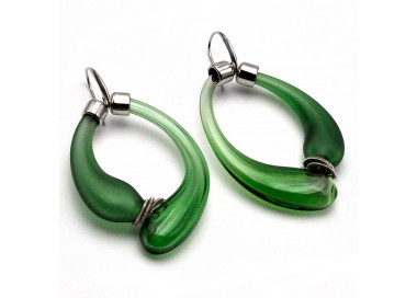 Green and satin creoles earrings real blown murano glass from venice