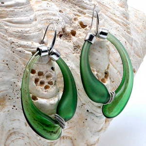 Green and satin creoles earrings real blown murano glass from venice