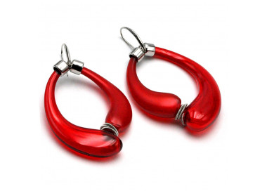 Red satin creoles blown murano glass earrings from venice