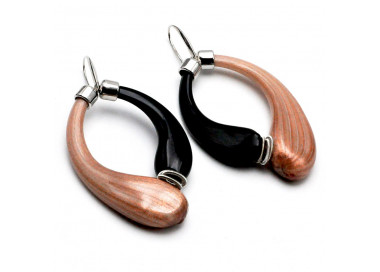 Boucles d'oreilles creoles noir et marron aventurine veritable verre soufflé de murano de venise