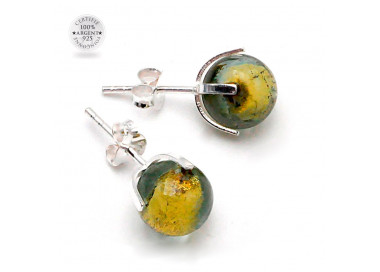 Boucles d'oreilles clou gris vert en veritable verre de murano de venise