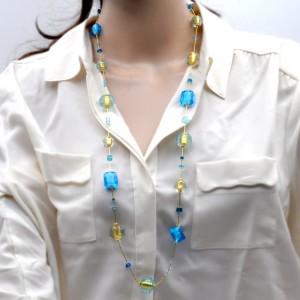 Sautoir collier long bleu en verre de murano de venise