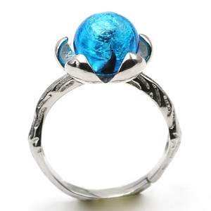 Anillo flor plata y cristal murano azul claro