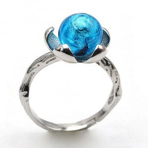 Anillo flor plata y cristal murano azul claro