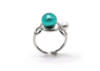 Bague argent massif et perle bleue turquoise en verre de murano