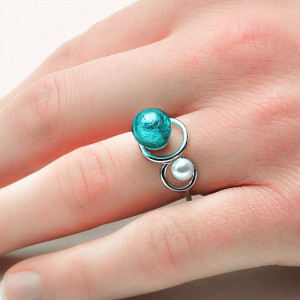 Ring you and me silver and blue turquoise pearl in murano glass