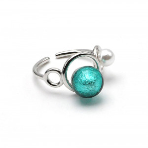 Ring you and me silver and blue turquoise pearl in murano glass