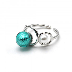 Ring you and me silver and blue turquoise pearl in murano glass