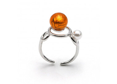 Ring you and me silver and amber bead in murano glass