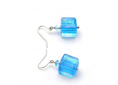 Azure Blue Dicroic Cube - Blue Murano Glass Earrings