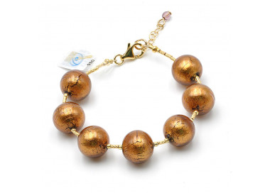 bola marrón - pulsera marrón y dorada en cristal de murano real