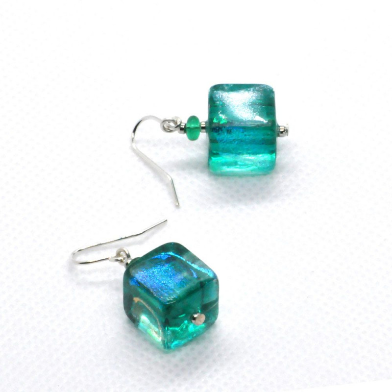 Azure Blue Dicroic Cube - Blue Murano Glass Earrings