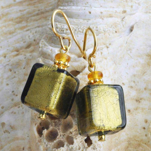 Aretes joyería cristal murano caqui y oro genuino de venecia