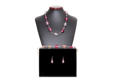 Conjunto de joyas genuino cristal de murano jo-jo rosa y plata venecia