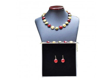 Conjunto rojo y oro de joyas genuino cristal de murano de venecia