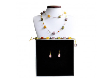 Conjunto de joyería collar largo ambar oro y parma genuino cristal de murano de venecia