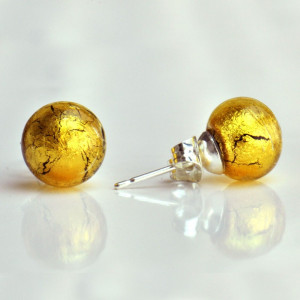 Gold murano glass earrings round button nail genuine murano glass of venice